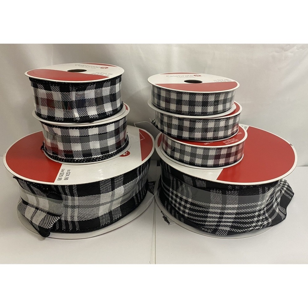 Buffalo Plaid Wired Ribbon Lot Christmas Black White Craft Decor 7 Rolls